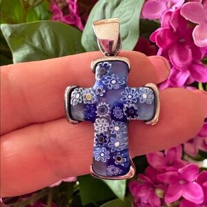 Blue Murano Glass Cross Pendant